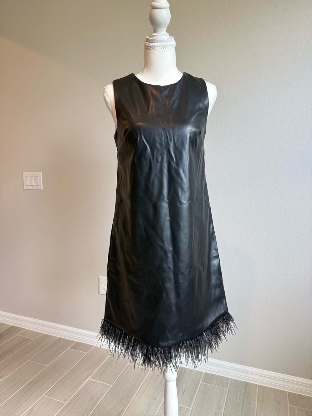 For Cynthia Black Faux Leather Sleeveless Shift Dress with Feather Trim